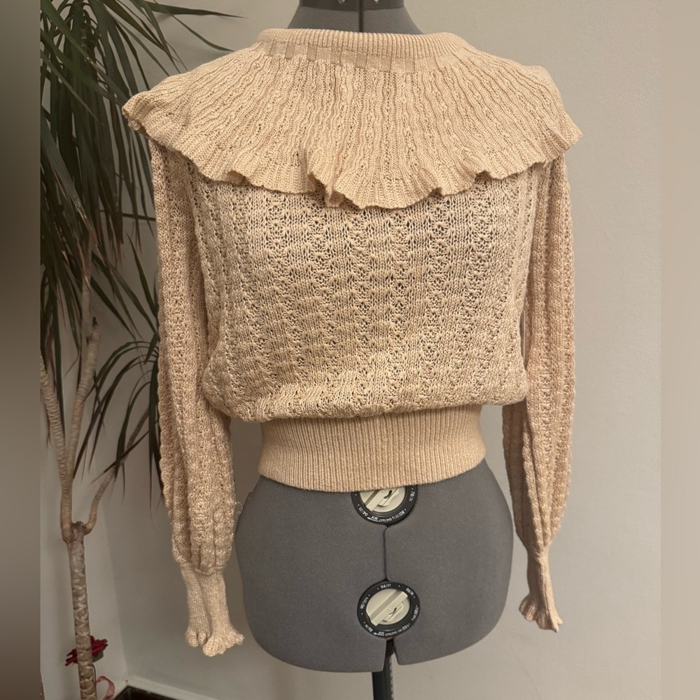 Free People Ruffle Collar Open Knit Linen Blend Sweater